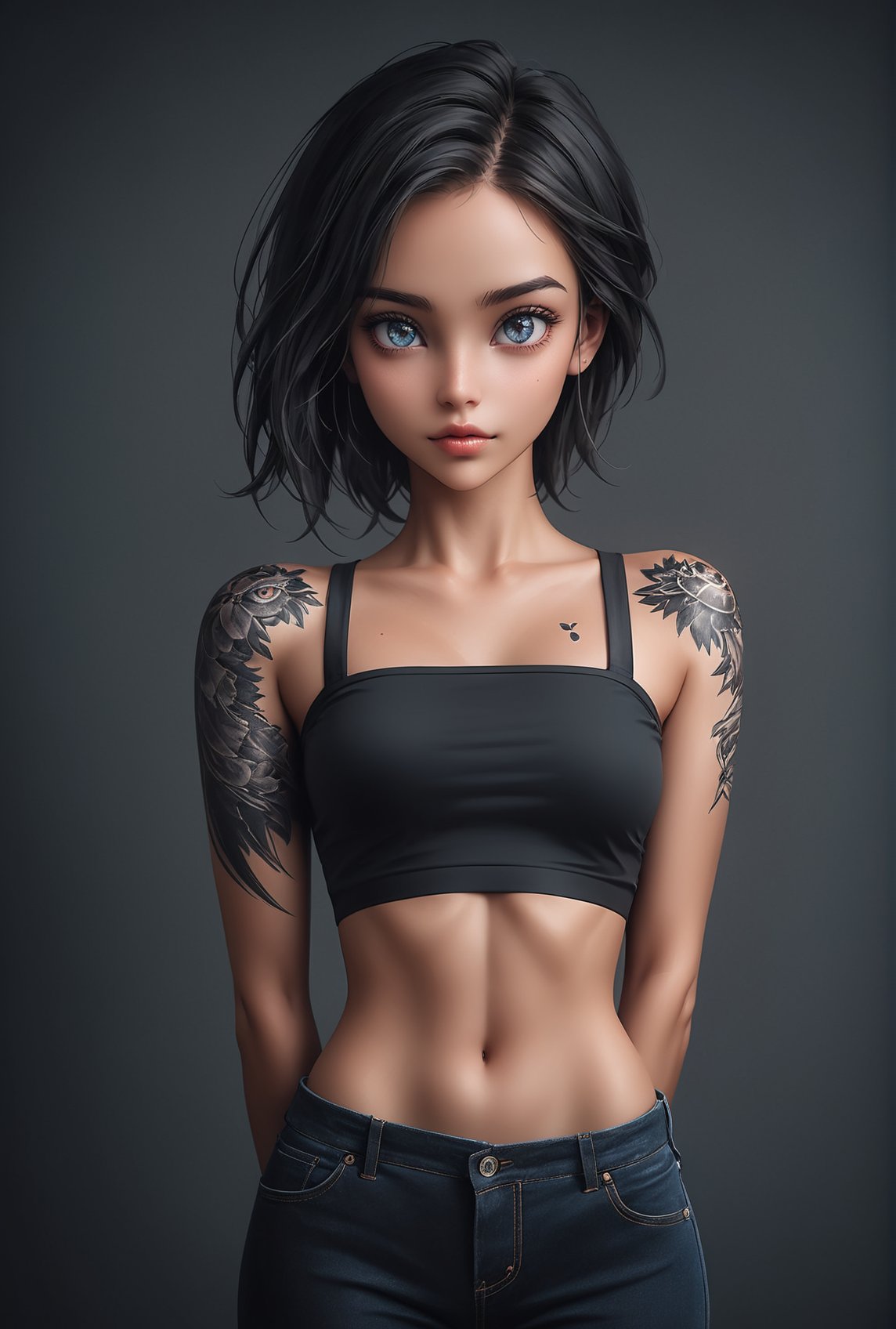 photo of pretty woman, 21 year old woman, (plain photography studio background:1.6), epiC35mm, film grain, (freckles:0.4), upper body shot, (plain background:1.6),, arm tattoo, full-body tattoo, tattoo, black bandeau, black hair,      photo of perfecteyes eyes, perfecteyes eyes