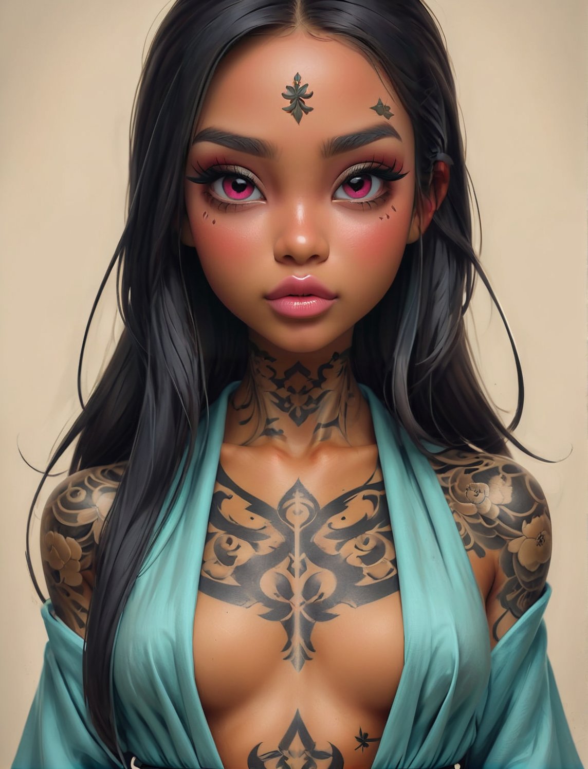 tattoo design, stencil, tanned skin,beautiful young female, long dark hair, symmetrical facial features, Japanese, partially clothed in robe, by William-Adolphe Bouguerea and artgerm