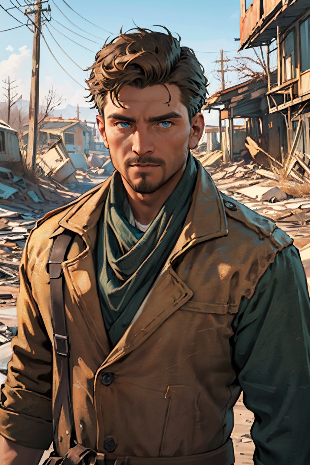 Robert MacCready, blue eyes, light brown hair, facial hair, tan duster coat, ammo pouches, long-sleeved, white undershirt, military green scarf, military green pants, fit body, handsome, charming, alluring, dashing, intense gaze, (standing), (upper body in frame), ruined overhead interstate, Fallout 4 location, post-apocalyptic ruins, desolated landscape, dark blue sky, polarising filter, perfect light, only1 image, perfect anatomy, perfect proportions, perfect perspective, 8k, HQ, (best quality:1.2, hyperrealistic:1.2, photorealistic:1.2, madly detailed CG unity 8k wallpaper:1.5, masterpiece:1.2, madly detailed photo:1.2), (hyper-realistic lifelike texture:1.2, realistic eyes:1.2), picture-perfect face, perfect eye pupil, detailed eyes, realistic, HD, UHD, (front view:1.2), portrait, looking outside frame