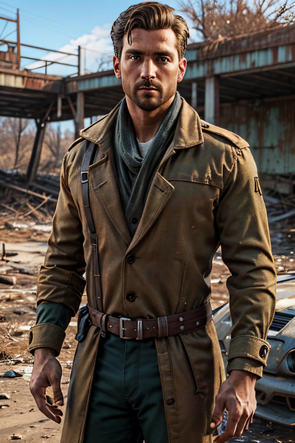 Robert MacCready, blue eyes, light brown hair, facial hair, tan duster coat, ammo pouches, long-sleeved, white undershirt, military green scarf, military green pants, fit body, handsome, charming, alluring, dashing, intense gaze, (standing), (upper body in frame), ruined overhead interstate, Fallout 4 location, post-apocalyptic ruins, desolated landscape, dark blue sky, polarising filter, perfect light, only1 image, perfect anatomy, perfect proportions, perfect perspective, 8k, HQ, (best quality:1.5, hyperrealistic:1.5, photorealistic:1.4, madly detailed CG unity 8k wallpaper:1.5, masterpiece:1.3, madly detailed photo:1.2), (hyper-realistic lifelike texture:1.4, realistic eyes:1.2), picture-perfect face, perfect eye pupil, detailed eyes, realistic, HD, UHD, (front view:1.2), portrait, looking outside frame,