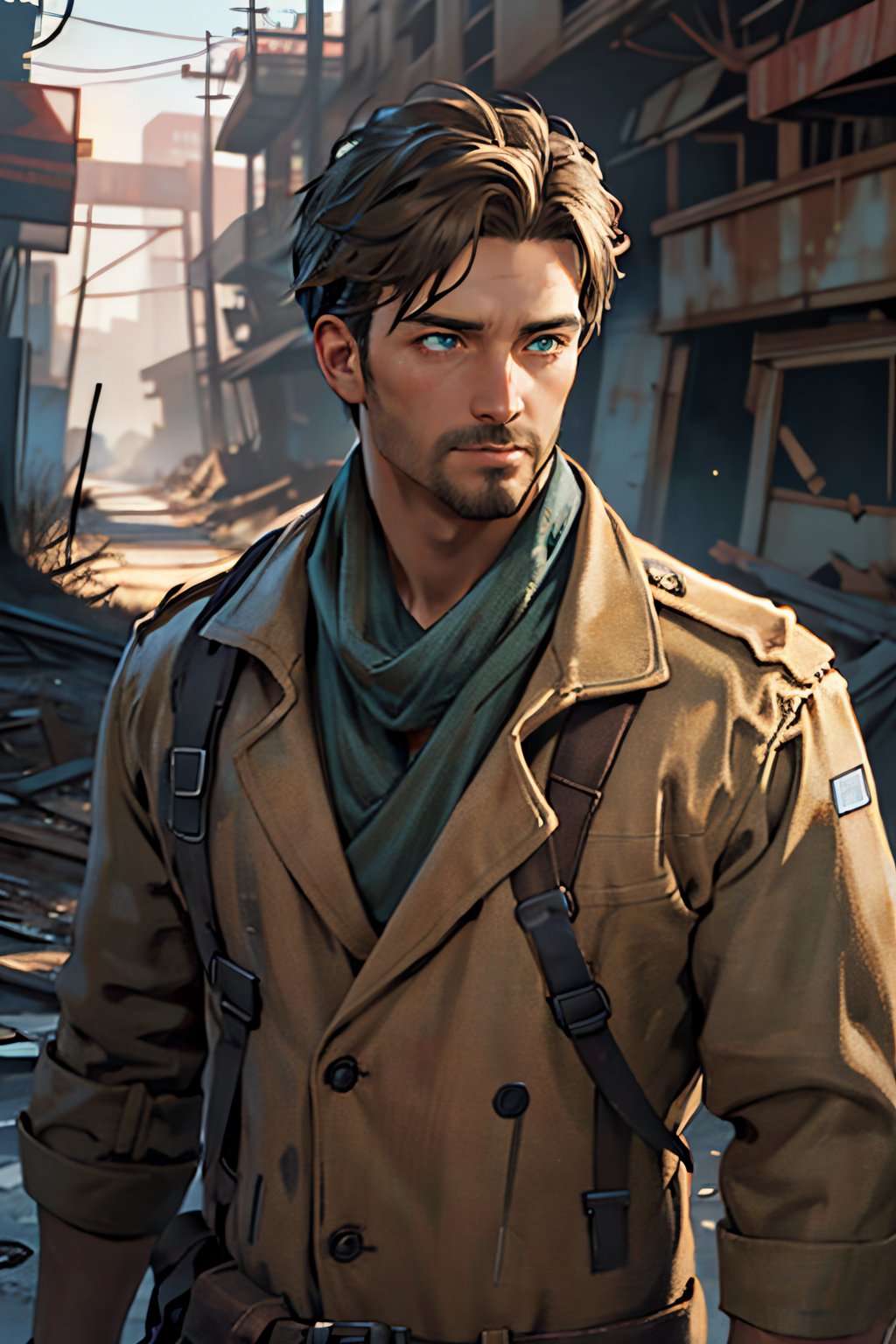 Robert MacCready, blue eyes, light brown hair, facial hair, tan duster coat, ammo pouches, long-sleeved, white undershirt, military green scarf, military green pants, fit body, handsome, charming, alluring, dashing, intense gaze, (standing), (upper body in frame), ruined overhead interstate, Fallout 4 location, post-apocalyptic ruins, desolated landscape, dark blue sky, polarising filter, perfect light, only1 image, perfect anatomy, perfect proportions, perfect perspective, 8k, HQ, (best quality:1.2, hyperrealistic:1.2, photorealistic:1.2, madly detailed CG unity 8k wallpaper:1.5, masterpiece:1.2, madly detailed photo:1.2), (hyper-realistic lifelike texture:1.2, realistic eyes:1.2), picture-perfect face, perfect eye pupil, detailed eyes, realistic, HD, UHD, (front view:1.2), portrait, looking outside frame