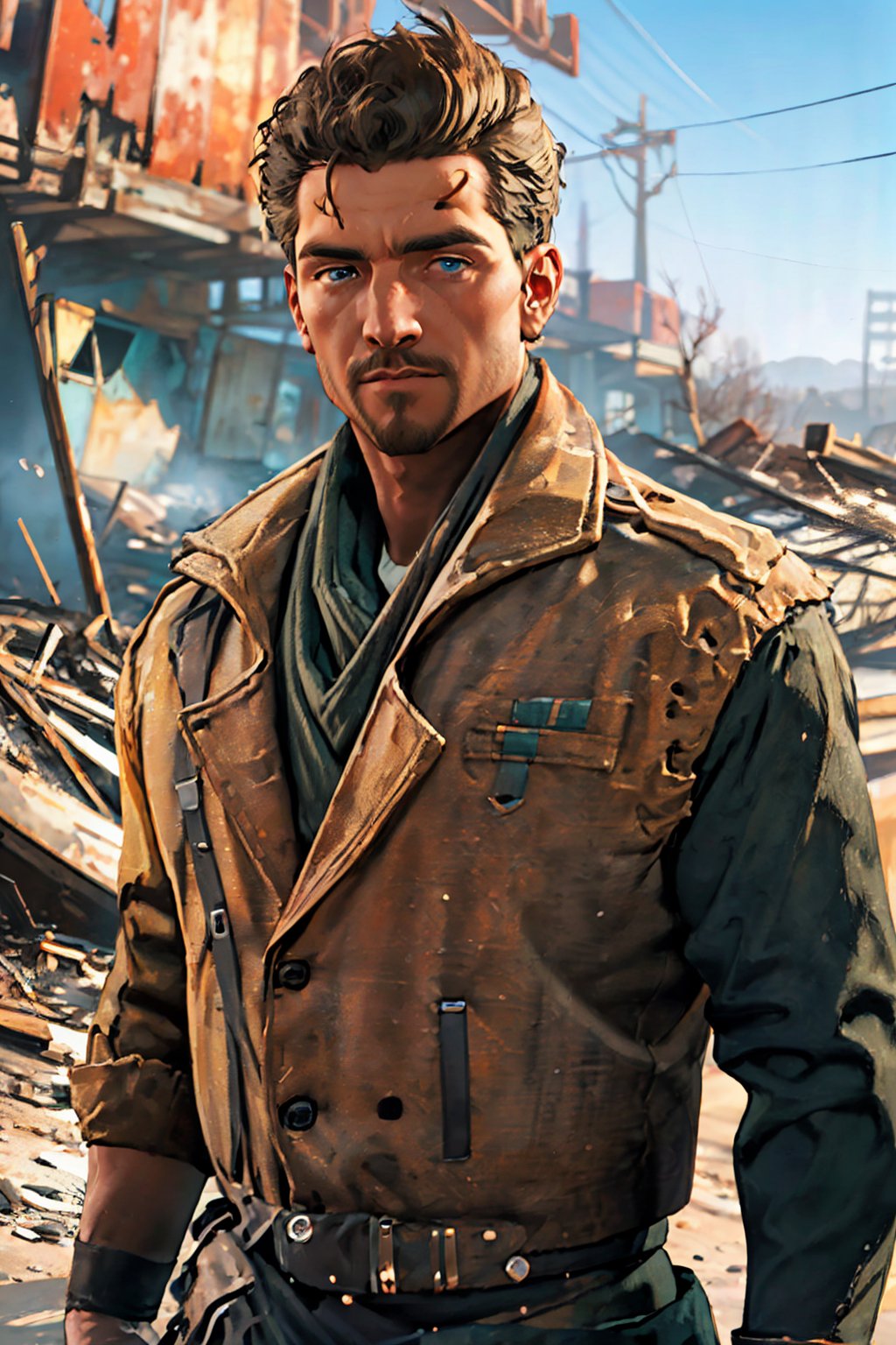 Robert MacCready, blue eyes, light brown hair, facial hair, tan duster coat, ammo pouches, long-sleeved, white undershirt, military green scarf, military green pants, fit body, handsome, charming, alluring, dashing, intense gaze, (standing), (upper body in frame), ruined overhead interstate, Fallout 4 location, post-apocalyptic ruins, desolated landscape, dark blue sky, polarising filter, perfect light, only1 image, perfect anatomy, perfect proportions, perfect perspective, 8k, HQ, (best quality:1.5, hyperrealistic:1.5, photorealistic:1.4, madly detailed CG unity 8k wallpaper:1.5, masterpiece:1.3, madly detailed photo:1.2), (hyper-realistic lifelike texture:1.4, realistic eyes:1.2), picture-perfect face, perfect eye pupil, detailed eyes, realistic, HD, UHD, (front view:1.2), portrait, looking outside frame