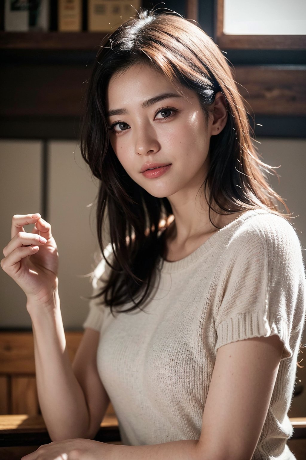 (Best quality, 8k, raw photo, 32k UHD),Photo of Beautiful Japanese woman,  20yo,  Jpop idol,  stunning, short dark brown hair, double eyelids, dark brown eyes, soft curves,  pale skin, white knits dress,  sharp focus, charming face, enchanting smile,  look at camera, from below,  upper body focus,  detailed eyes and facial,  detailed real skin texture,  detailed fabric rendering,  natural sunlight,  ray tracing
