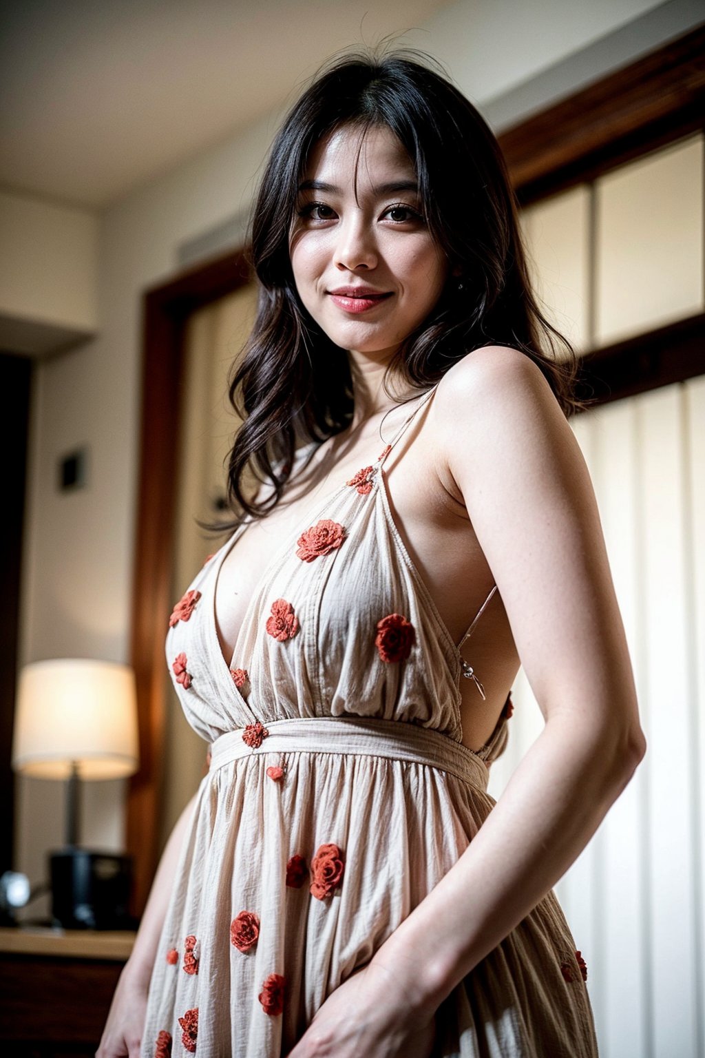 Best quality, 8k, 32k, raw photo, photorealistic, UHD, lifelike rendering, Photo of Pretty Japanese woman, early-twenty, maiko, stunning, (medium dark brown hair), double eyelids, dark brown eyes, glossy lips, exquisite facial, daily makeup, natural medium-large breasts, slender plump body, soft curves, (pale skin:1.3), firm skin, daily outfit, tulle-chiffon floral loose dress, sharp focus, charming face, smile, look at camera, from front below, closed to up, detailed fabric rendering, professional lightning, ray tracing 