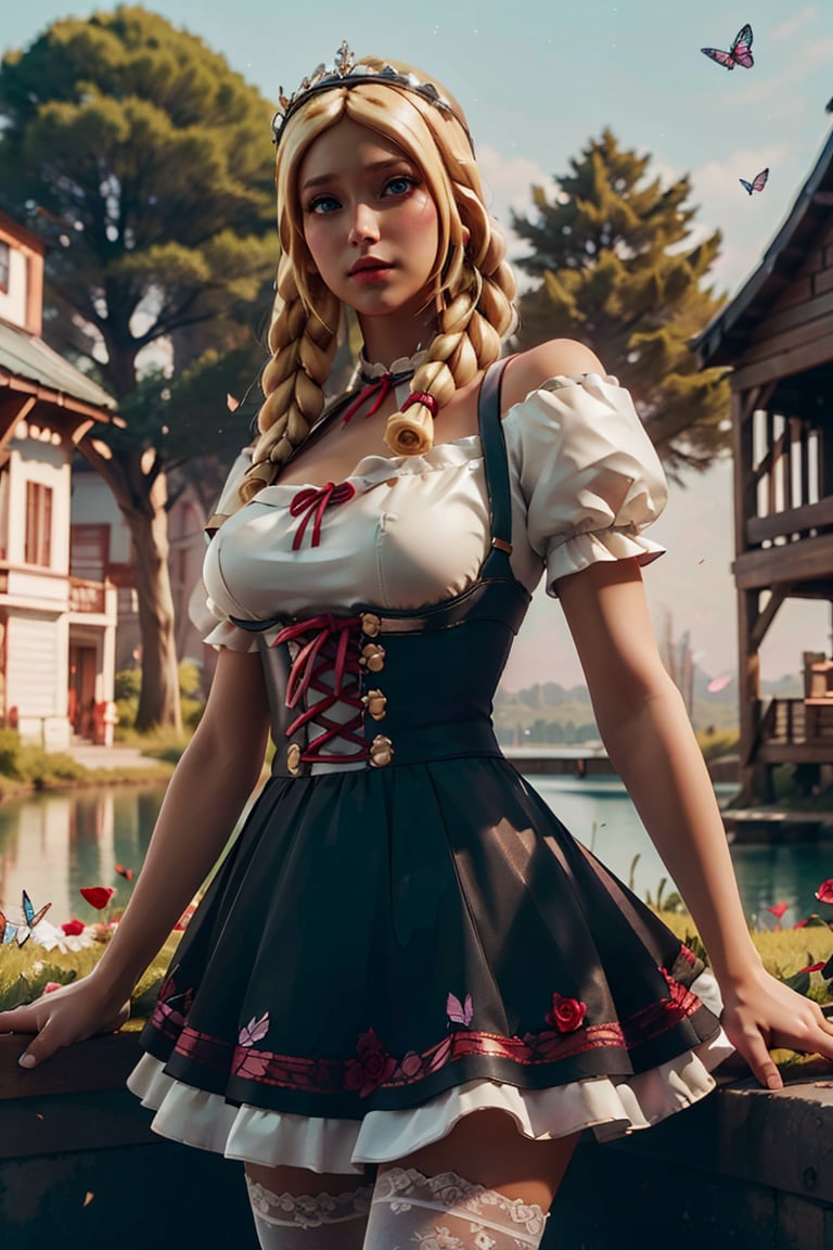 (beautiful detailed eyes), glowing eyes, seductive eyes , beautiful detailed eyes, (best quality, masterpiece, illustration, designer, lighting), (extremely detailed CG 8k wallpaper unit), (detailed and expressive eyes), detailed particles, beautiful lighting , (blond hair:1.5), (LONG HAIR), (( a girl,big breasts)),wearing a teddy bear tiara, donning a beautiful black and red dress with ruffles and lace, sheer black stockings, black crystal high heels, chest bows, butterflies ,background(butterflies, Rose, sunset , palace ,trees, ship on lake), (on wall) ,grass,road of flowers,perfect,fingers,hand drow,perfect,fingers,hand,marin,asuna yuuki,1 girl,cowboy shot,(((xHeidi)))