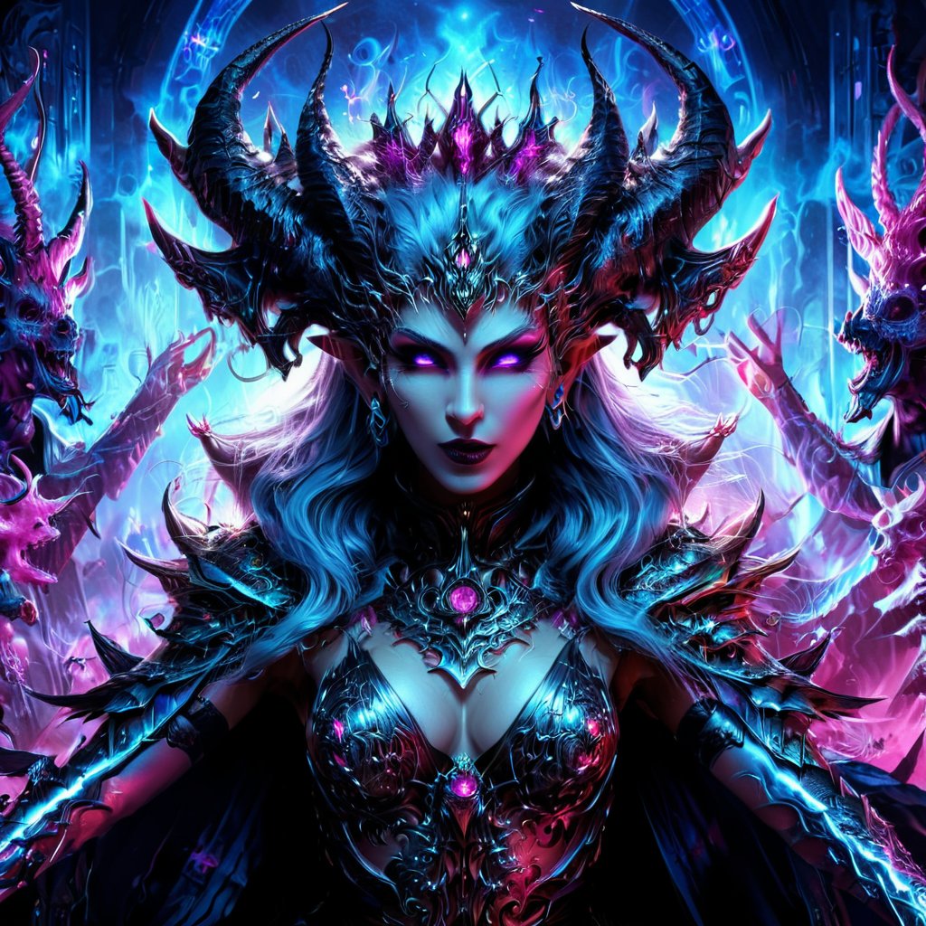 1girl, perfect face, Dark synth war deity, deified queen, empress, intricate horns, many arms goddess, holding magic, holding swords, army of the dead behind her, epic, digital illustration painting, perfect face, perfect hands, perfect composition, blue and pink horrorcore scifi synth art painting,more detail XL