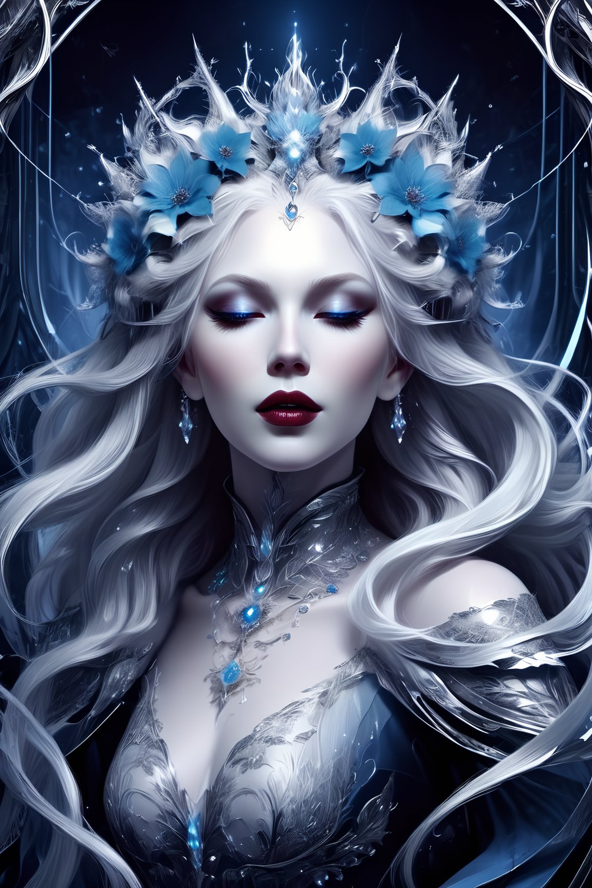 Ghostly woman,  extremely white skin,  albino hair,  light grey eyes,  flowers and vines,  ((midshot)),  silver accents,  ice queen,  icy diamonds,  glossy lips,  snowflakes,  frosted,  blue lips,  ultra sharp focus,  ultra clear,  ultra fine,  art deco patterns bold-gold-lines flat-shapes,  vector painting, DarkSynth,<lora:EMS-261918-EMS:0.200000>,<lora:EMS-263802-EMS:0.800000>