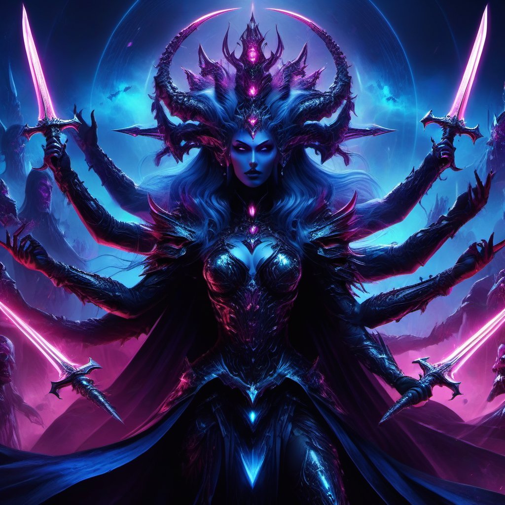 1girl, perfect face, Dark synth war deity, deified queen, empress, many arms, holding magic, holding swords, army of the dead behind her, epic, digital illustration painting, perfect composition, blue and pink horrorcore scifi synth art painting,more detail XL
