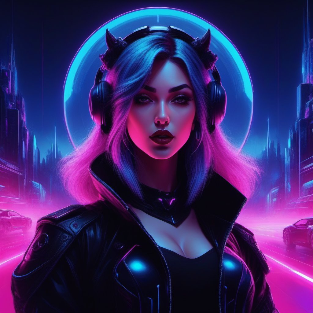 1girl, digital illustration painting, perfect composition, blue pink gothic cyberpunk synthwave