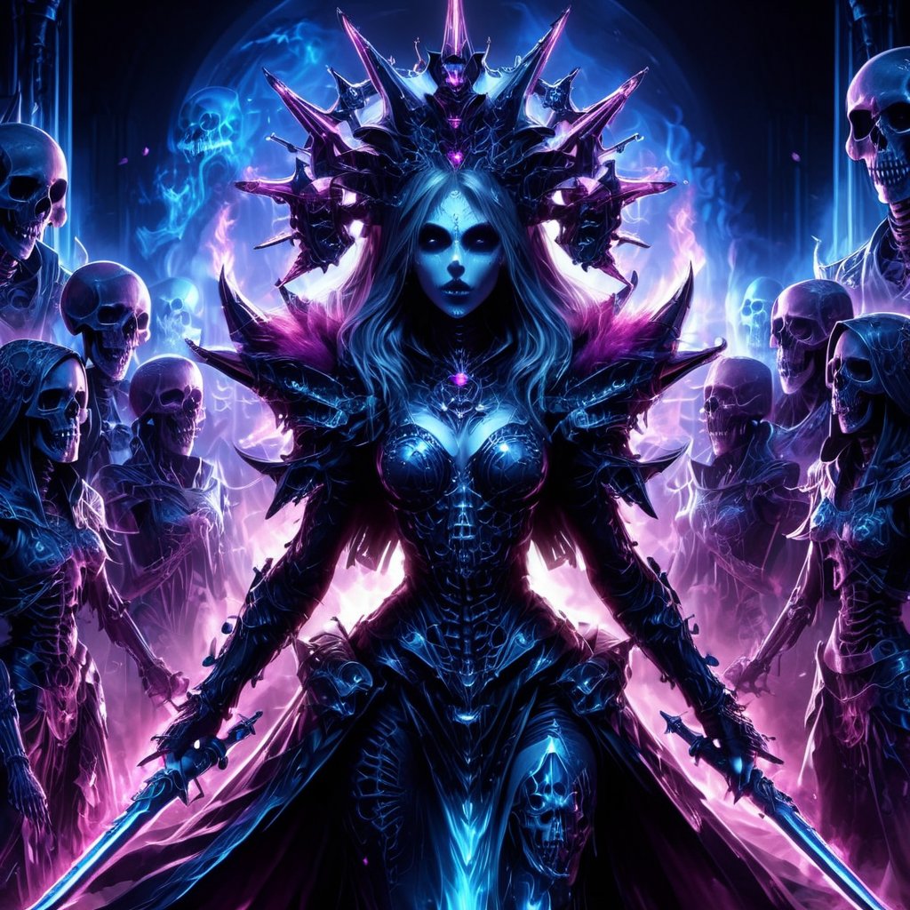 1girl, looking upwards, marching before an army of skeletons, full body pose, thigh highs, walking over bones and embers, blue pink darksynth, skull crown, armored, glowing eyes, approaching perfection,eyes shoot