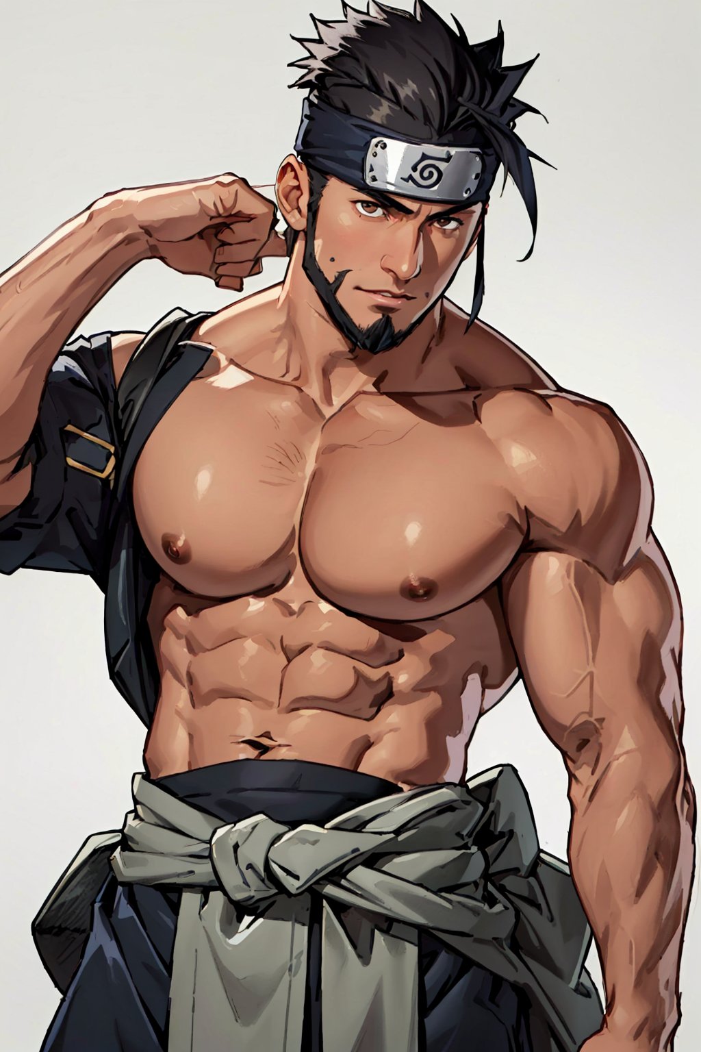 Asuma Sarutobi, Japanese, brown eyes, olive skin, short black spiky hair, beard on chin and cheekbone, (shaved philtrum, hairless philtrum:1.3), lsaid-back individual, dashing, shinobi sandals, forehead protector, topless, white sash that had the kanji for "Fire" (火) marked on it around waist, topless, bare legs, bare groin, bare buttlocks, simple background, fit body, handsome, charming, alluring, intense gaze, (standing), (upper body in frame), perfect light, only1 image, perfect anatomy, perfect proportions, perfect perspective, 8k, HQ, (best quality:1.2, hyperrealistic:1.2, photorealistic:1.2, madly detailed CG unity 8k wallpaper:1.2, masterpiece:1.2, madly detailed photo:1.2), (hyper-realistic lifelike texture:1.2, realistic eyes:1.2), picture-perfect face, perfect eye pupil, detailed eyes, realistic, HD, UHD, (front view:1.2), portrait