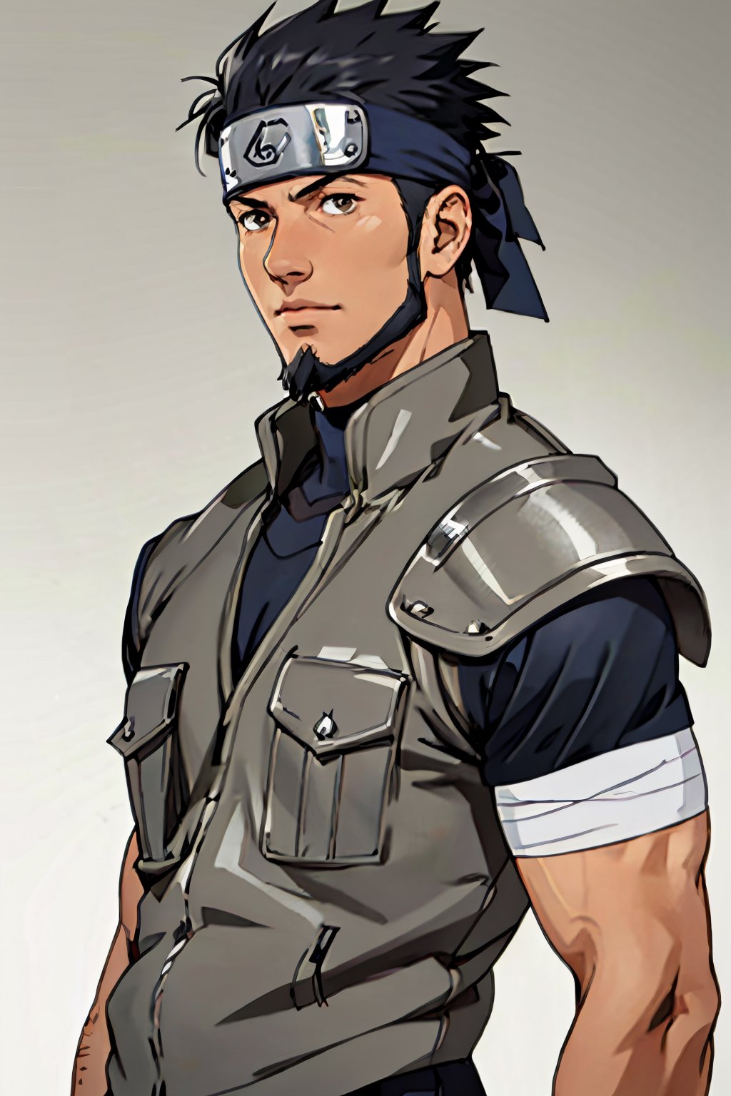 Asuma Sarutobi, Japanese, brown eyes, olive skin, short black spiky hair, beard on chin and cheekbone, (shaved philtrum, hairless philtrum:1.3), lsaid-back individual, dashing, shinobi sandals, forehead protector, clothing, wore a white short-sleeved shirt with a blue and black collar over chain-mail armour, along with a simple white vest, a pair of black pants, simple background, fit body, handsome, charming, alluring, intense gaze, (standing), (upper body in frame), perfect light, only1 image, perfect anatomy, perfect proportions, perfect perspective, 8k, HQ, (best quality:1.2, hyperrealistic:1.2, photorealistic:1.2, madly detailed CG unity 8k wallpaper:1.2, masterpiece:1.2, madly detailed photo:1.2), (hyper-realistic lifelike texture:1.2, realistic eyes:1.2), picture-perfect face, perfect eye pupil, detailed eyes, realistic, HD, UHD, (front view:1.2), portrait,Asuma Sarutobi 