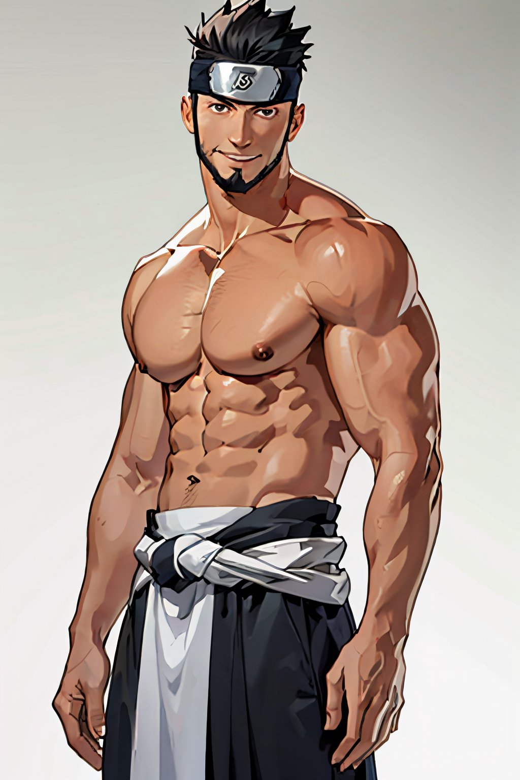 Asuma Sarutobi, Japanese, brown eyes, olive skin, short black spiky hair, beard on chin and cheekbone, (shaved philtrum, hairless philtrum:1.3), lsaid-back individual, dashing, smile, shinobi sandals, forehead protector, topless, , wore a white sash that had the kanji for "火" marked on it around waist,, topless, bare legs, bare groin, bare buttlocks,  bare chest, bare shoulder, simple background, fit body, handsome, charming, alluring, intense gaze, (standing), (upper body in frame), perfect light, only1 image, perfect anatomy, perfect proportions, perfect perspective, 8k, HQ, (best quality:1.2, hyperrealistic:1.2, photorealistic:1.2, madly detailed CG unity 8k wallpaper:1.2, masterpiece:1.2, madly detailed photo:1.2), (hyper-realistic lifelike texture:1.2, realistic eyes:1.2), picture-perfect face, perfect eye pupil, detailed eyes, realistic, HD, UHD, front view, portrait