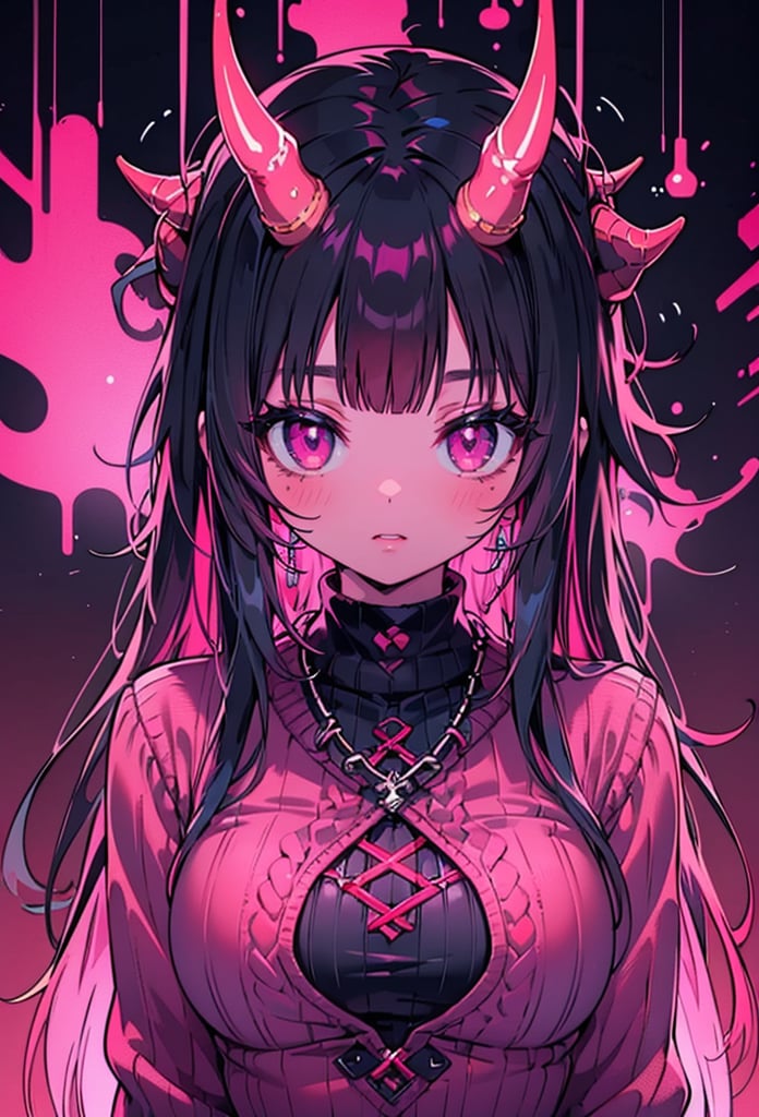 1girl, solo, long hair, breasts, looking at viewer, black hair, jewelry, upper body, pink hair, parted lips, horns, choker, pink eyes, colored skin, demon girl, black background, demon horns, neon light, sweater, 