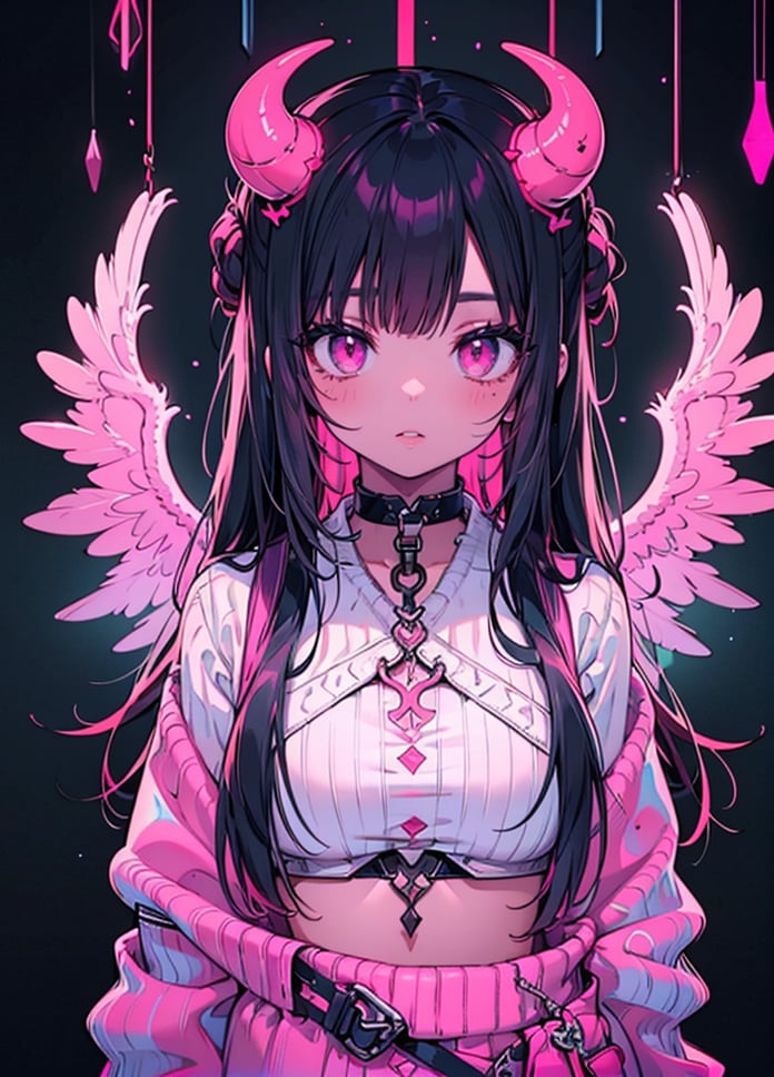 1girl, solo, long hair, breasts, looking at viewer, black hair, jewelry, upper body, pink hair, parted lips, horns, choker, pink eyes, colored skin, demon girl, black background, demon horns ,highres, neon light, sweater, 