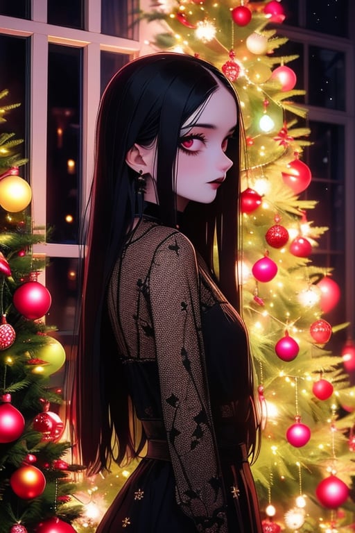 1girl, solo, long hair, looking at viewer, black hair, long sleeves, dress, closed mouth, indoors, pink eyes, black dress, from side, window, glowing, christmas, christmas tree, gothic, christmas ornaments, black lips