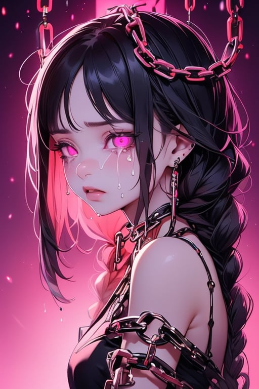 1girl, solo, long hair, black hair, bare shoulders, jewelry, upper body, braid, earrings, parted lips, tears, pink eyes, twin braids, glowing, chain, crying