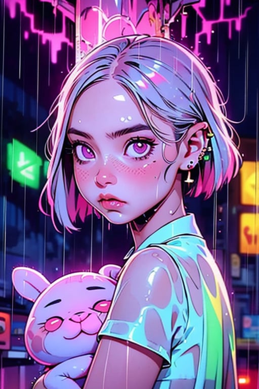 1girl, solo, looking at viewer, short hair, holding, jewelry, closed mouth, upper body, white hair, earrings, medium hair, pink eyes, wet, glowing, piercing, stuffed toy, stuffed animal, ear piercing, rain, rabbit, stuffed bunny, neon lights,