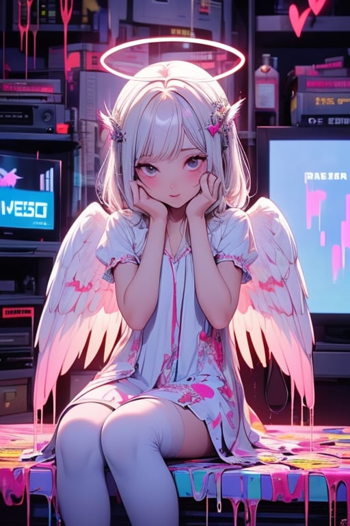 1girl, solo, hair ornament, dress, sitting, white hair, short sleeves, heart, wings, indoors, halo, feathered wings, angel wings, angel, hands on own face, television, dripping, monitor, glitch