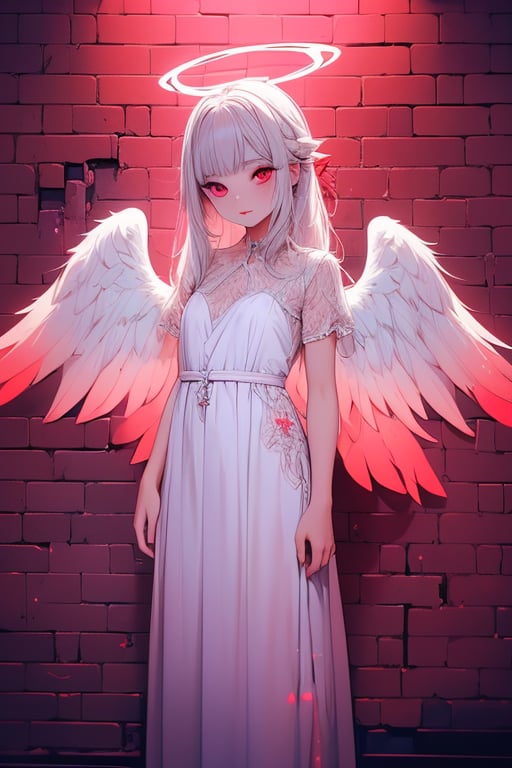1girl, solo, long hair, looking at viewer, red eyes, dress, standing, white hair, short sleeves, wings, pink eyes, white dress, glowing, halo, feathered wings, angel wings, angel, dripping, brick wall, red theme