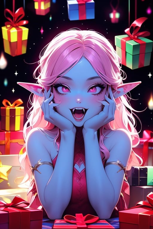 1girl, solo, long hair, open mouth, bare shoulders, upper body, pink hair, teeth, pointy ears, artist name, glowing, colored skin, fangs, elf, box, gift, blue skin, gift box, candle, hands on own face, white eyes, pink skin