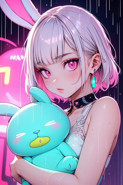 1girl, solo, looking at viewer, short hair, holding, jewelry, closed mouth, upper body, white hair, earrings, medium hair, pink eyes, wet, glowing, piercing, stuffed toy, stuffed animal, ear piercing, rain, rabbit, stuffed bunny, neon lights