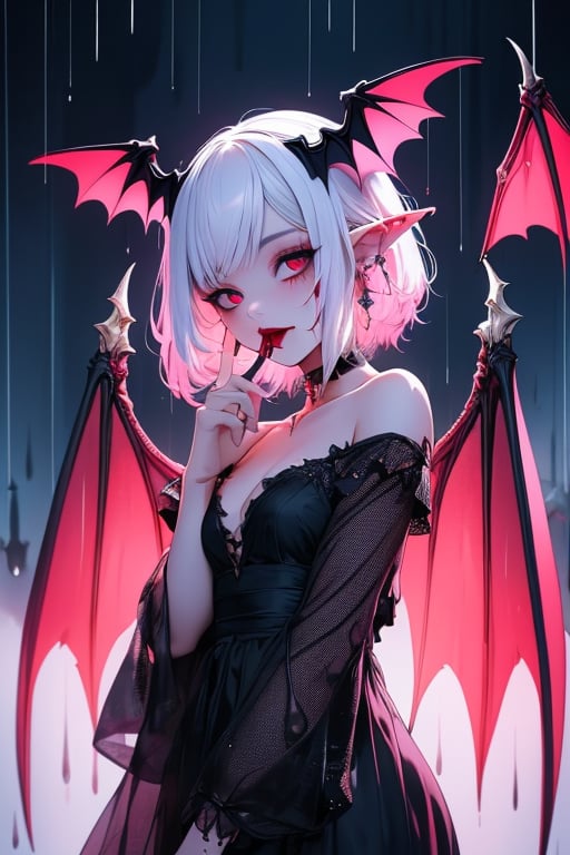 1girl, solo, looking at viewer, short hair, long sleeves, dress, bare shoulders, jewelry, pink hair, white hair, earrings, parted lips, wings, choker, pointy ears, hand up, medium hair, pink eyes, off shoulder, black dress, blood, colored skin, bat wings, head wings, finger to mouth, rain, vampire, dripping, blood bag