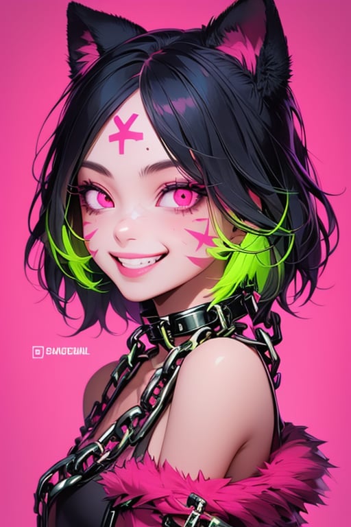 1girl, solo, looking at viewer, smile, black hair, bare shoulders, upper body, green hair, teeth, artist name, pink eyes, grin, collar, fur trim, glowing, chain, facial mark, pink background, glowing eyes, bandaid on face