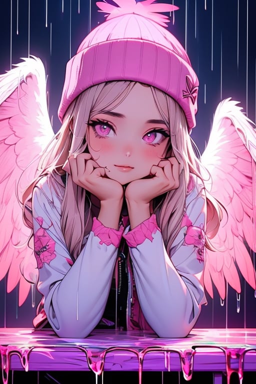 1girl, solo, long hair, looking at viewer, blush, long sleeves, hat, closed mouth, jacket, wings, cup, halo, table, feathered wings, rain, angel wings, head rest, angel, beanie, glass, dripping, pink theme, liquid, neon lights