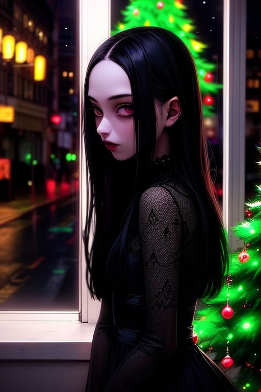 1girl, solo, long hair, looking at viewer, black hair, long sleeves, dress, closed mouth, indoors, pink eyes, black dress, from side, window, glowing, christmas, christmas tree, gothic, christmas ornaments, black lips,