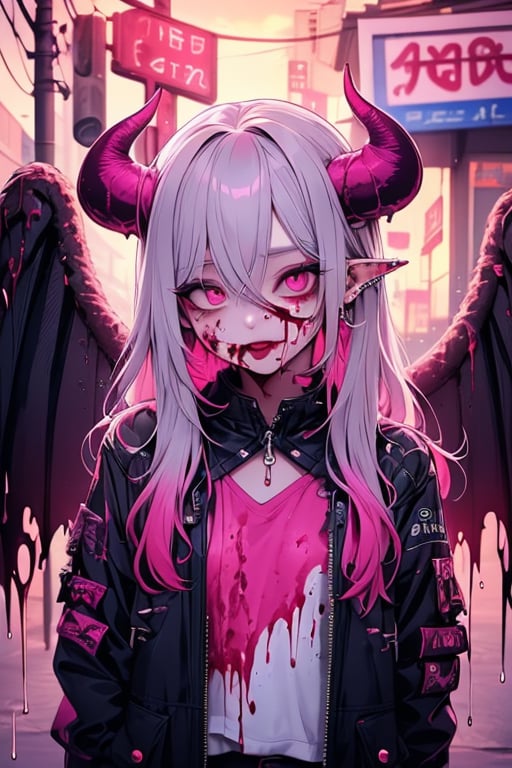 1girl, solo, long hair, looking at viewer, shirt, hair between eyes, jewelry, jacket, pink hair, grey hair, earrings, outdoors, parted lips, wings, horns, medium hair, pink eyes, black jacket, blood, piercing, demon girl, demon horns, ear piercing, blood on face, sign, dripping