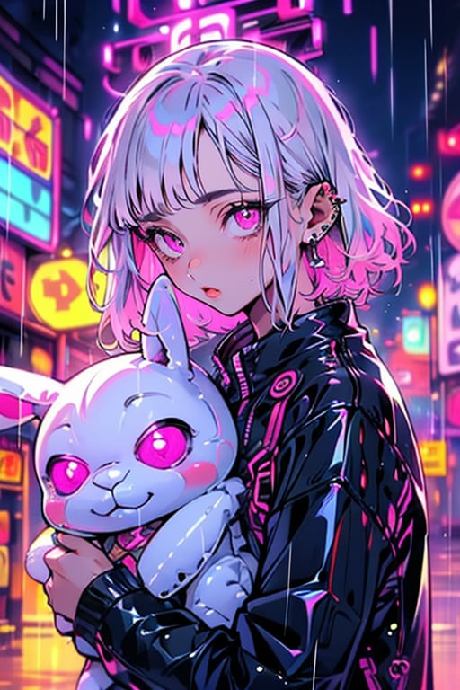 1girl, solo, looking at viewer, short hair, holding, jewelry, closed mouth, upper body, white hair, earrings, medium hair, pink eyes, wet, glowing, piercing, stuffed toy, stuffed animal, ear piercing, rain, rabbit, stuffed bunny, neon lights,