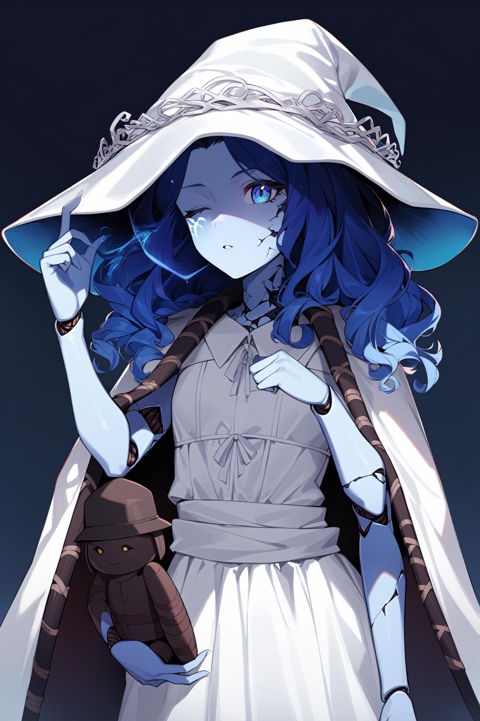 1girl, IncrsXLRanni, <lora:RanniXLV2:1>, wavy hair, blue skin, cracked skin, extra arms, (extra faces:1.3), doll, joints, doll joints, white dress, hat, cloak,