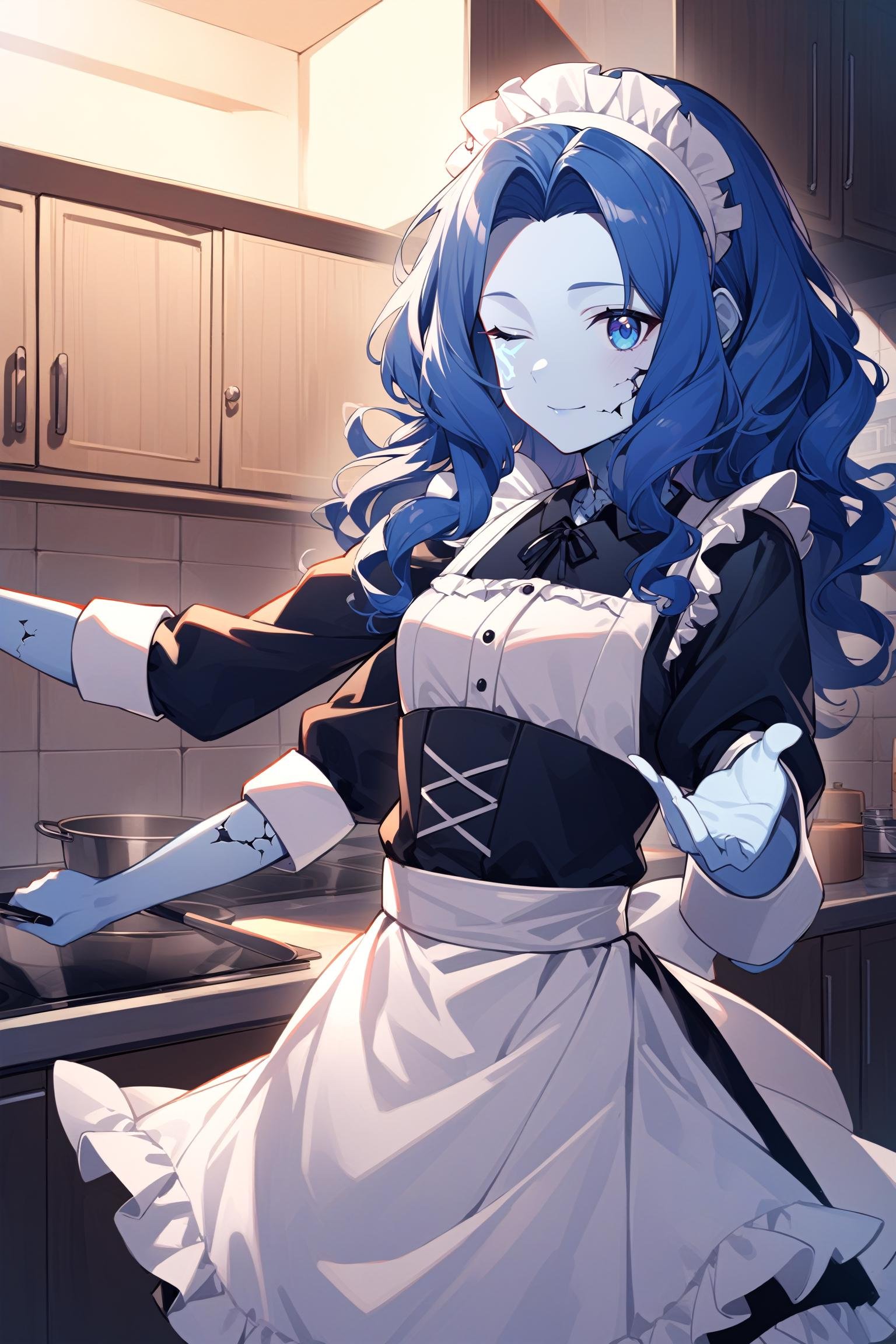 1girl, IncrsXLRanni, <lora:RanniXLV2:1>, wavy hair, blue skin, cracked skin, extra arms, (extra faces:1.3), maid, maid headdress, maid apron, indoors, light smile, kitchen, 