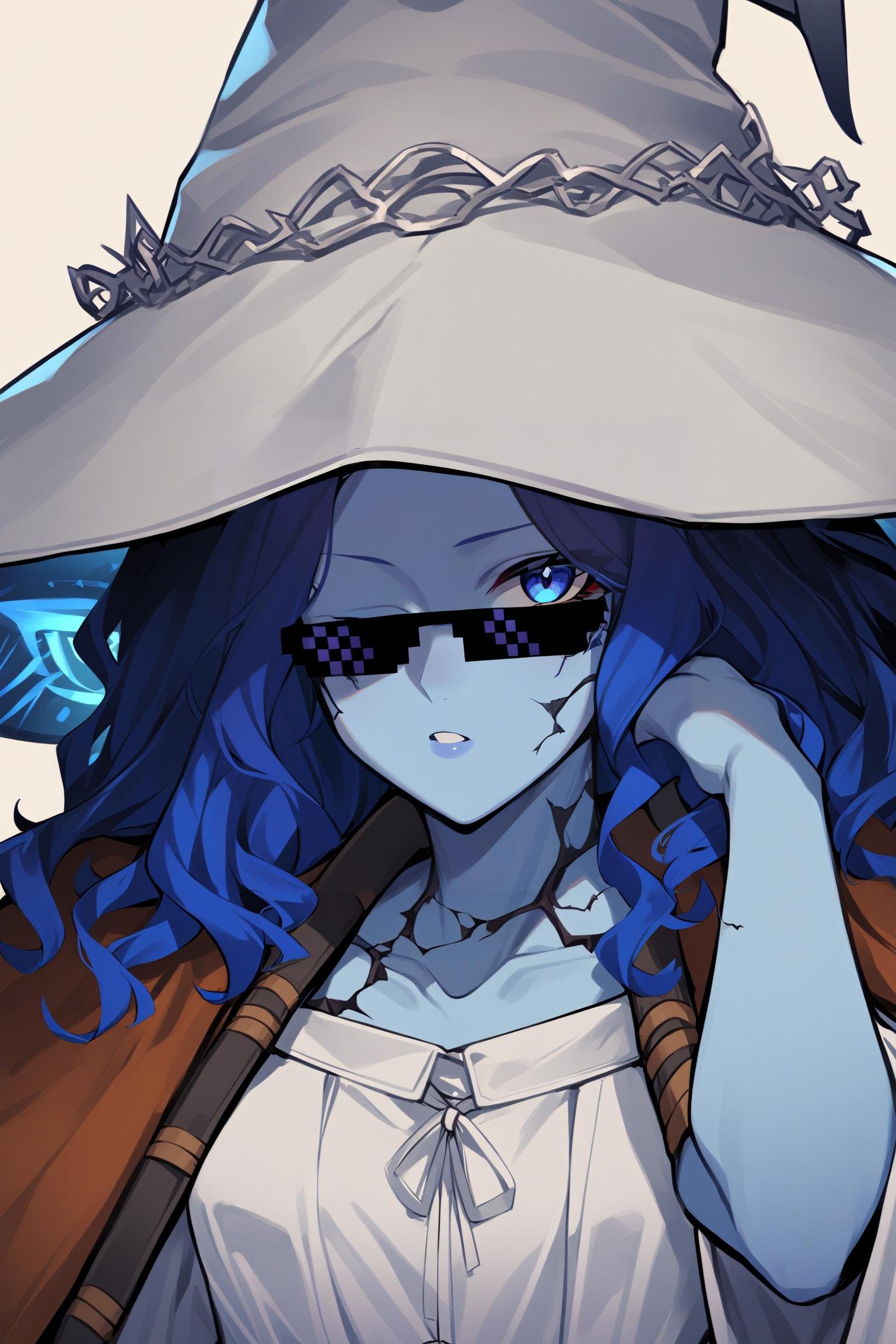 1girl, IncrsXLRanni, <lora:RanniXLV2:1>, wavy hair, blue skin, cracked skin, extra arms, (extra faces:1.3), white dress, hat, cloak <lora:DealWithItXL:1>, IncrsXLDealWithIt, sunglasses, upper body, 
