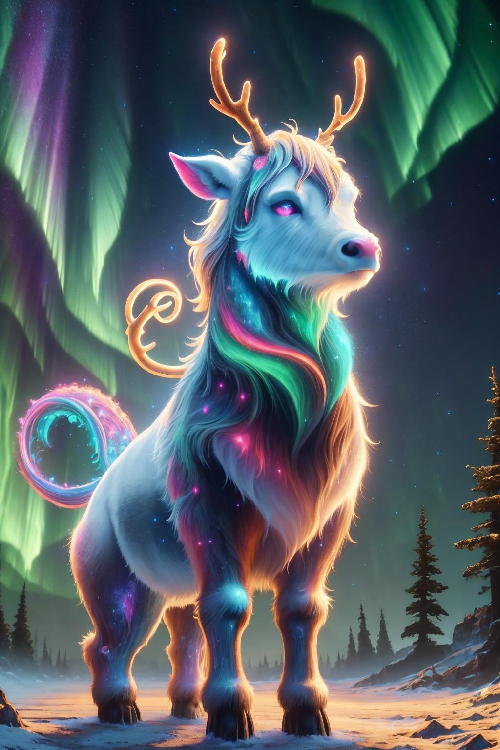 masterpiece, best quality, <lora:aurora-style-richy-v1:1> aurorastyle, reindeer, fantasy, aesthetic, mystical, godly, starry sky, ascension, magnificent, no humans