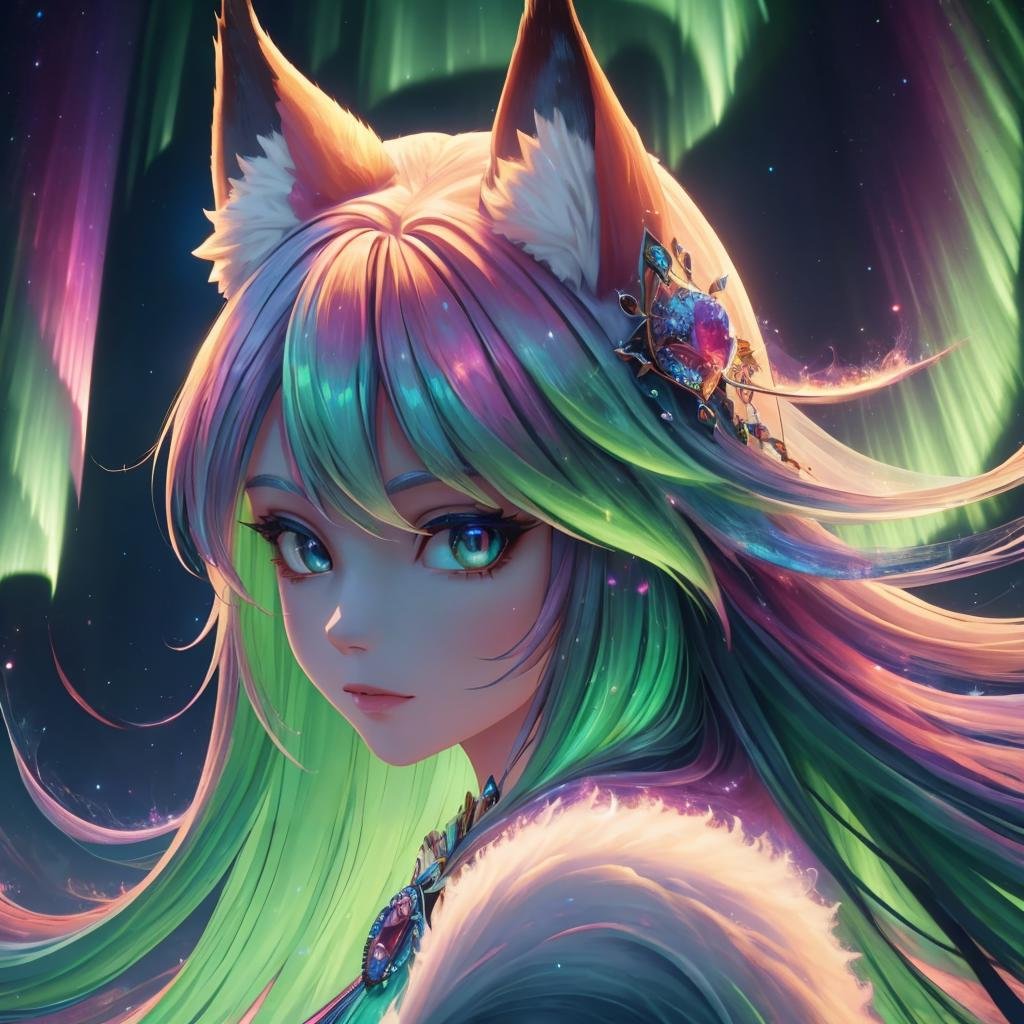 masterpiece, best quality, <lora:aurora-style-richy-v1:1> aurorastyle, fox ears, fantasy, majestic, goddess, looking at viewer, close-up, colorful eyes, + +, 