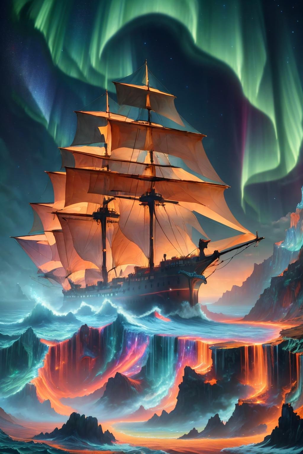 masterpiece, best quality, <lora:aurora-style-richy-v1:1> aurorastyle, no humans, glowing, fantasy, starry sky, architecture, water, ocean, sea, ship