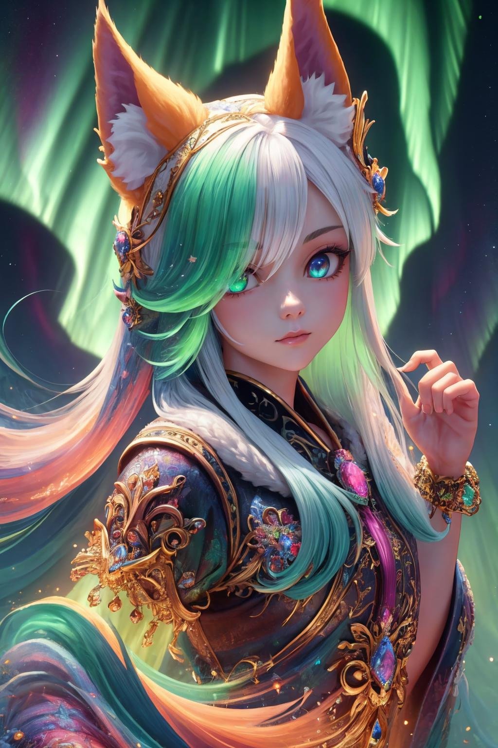 masterpiece, best quality, <lora:aurora-style-richy-v1:1> aurorastyle, fox ears, fantasy, majestic, goddess, looking at viewer, close-up, colorful eyes, + +,