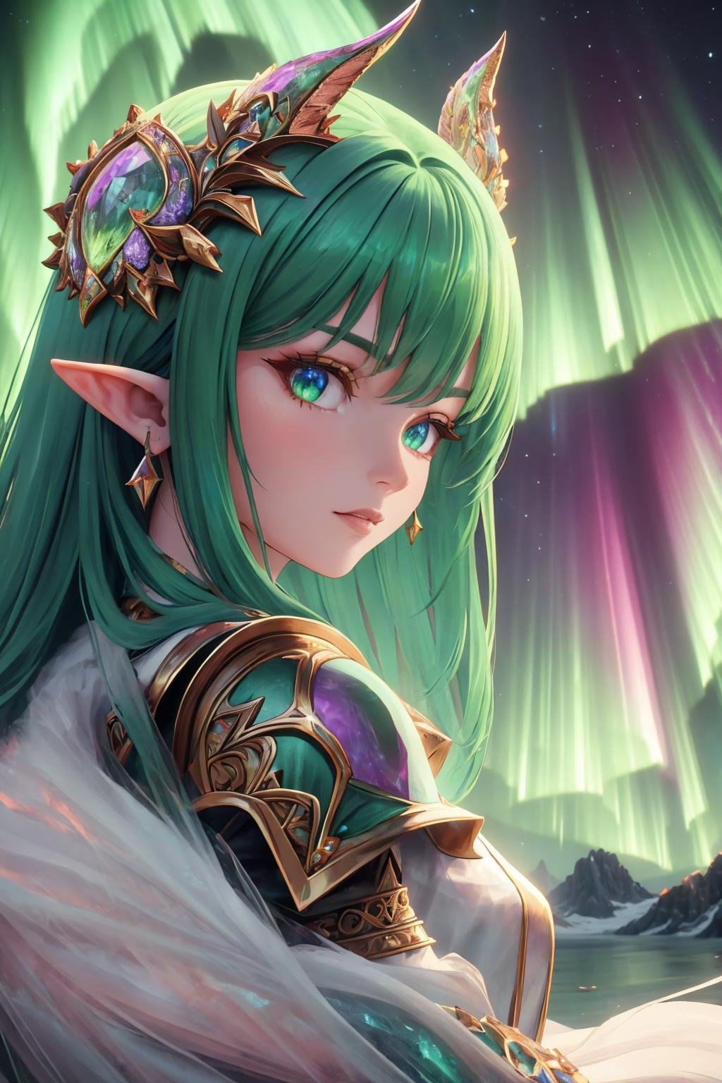 masterpiece, best quality, <lora:aurora-style-richy-v1:1> aurorastyle, pointy ears, fantasy, majestic, goddess, shoulder armor, looking at viewer, close-up, 