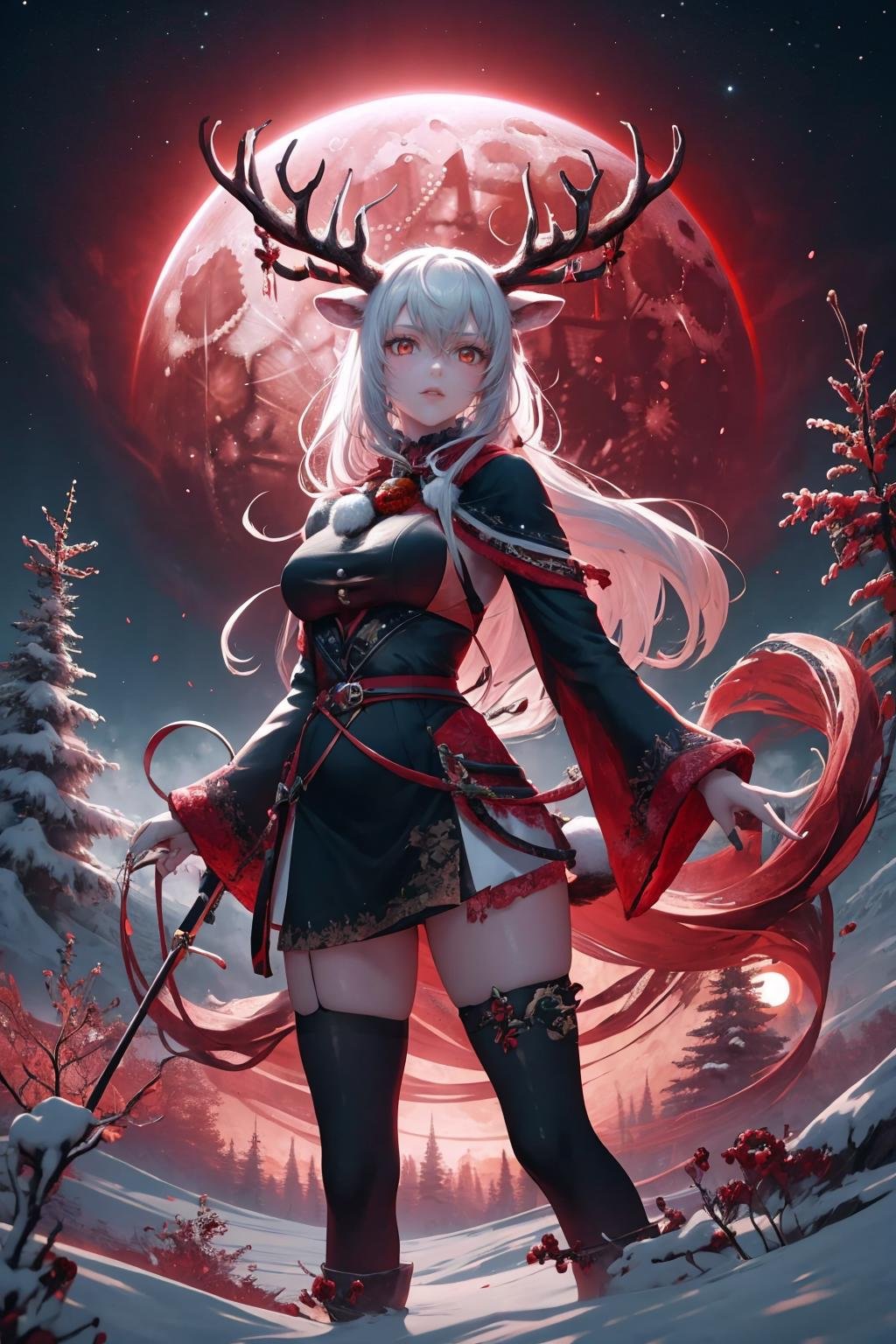 masterpiece, best quality, <lora:redmoonreindeer-concept-richy-v1:1> red moon, 1girl, solo, standing, reindeer antlers, redmoonreindeer