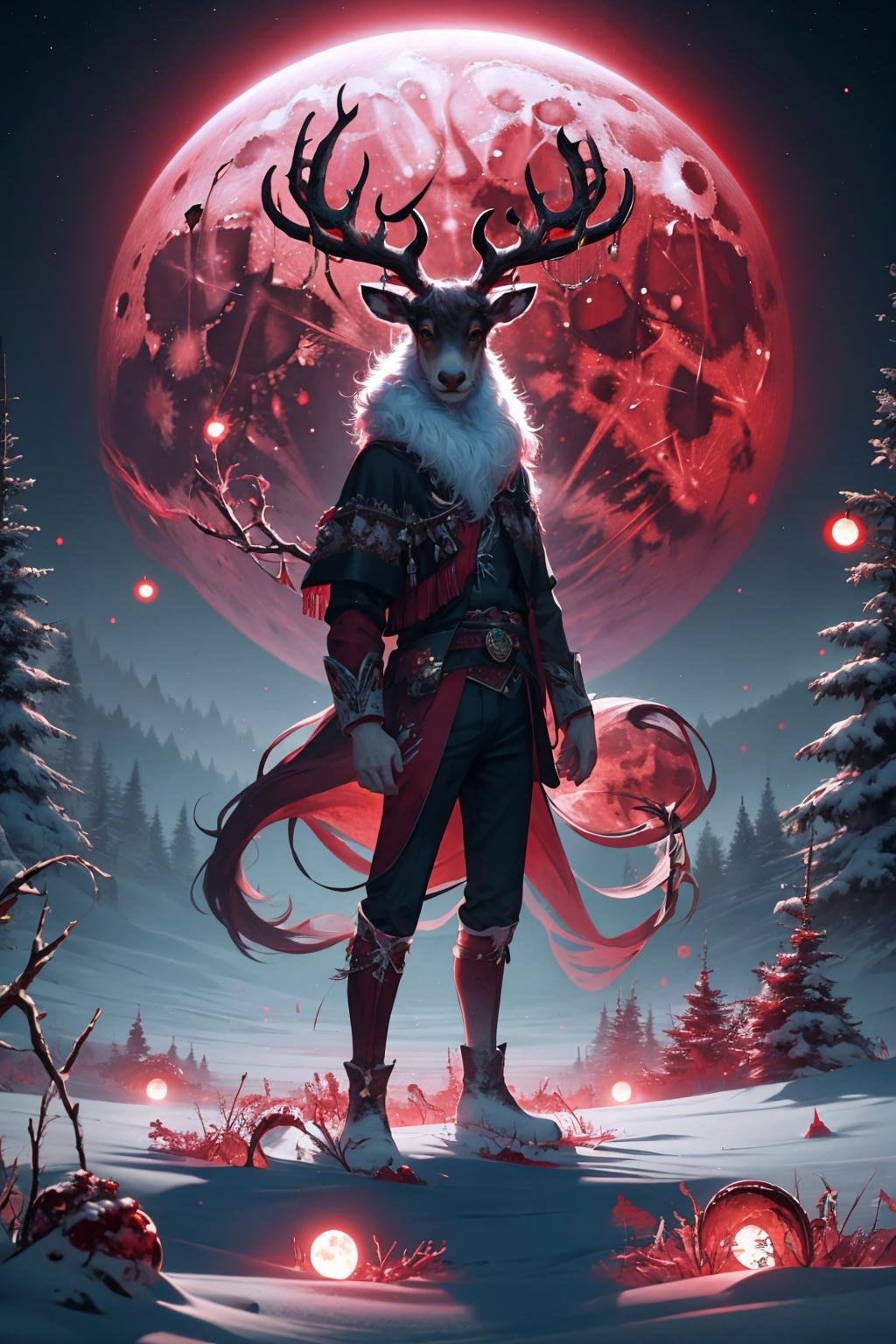 masterpiece, best quality, <lora:redmoonreindeer-concept-richy-v1:1> red moon, 1boy, solo, standing, reindeer antlers, redmoonreindeer