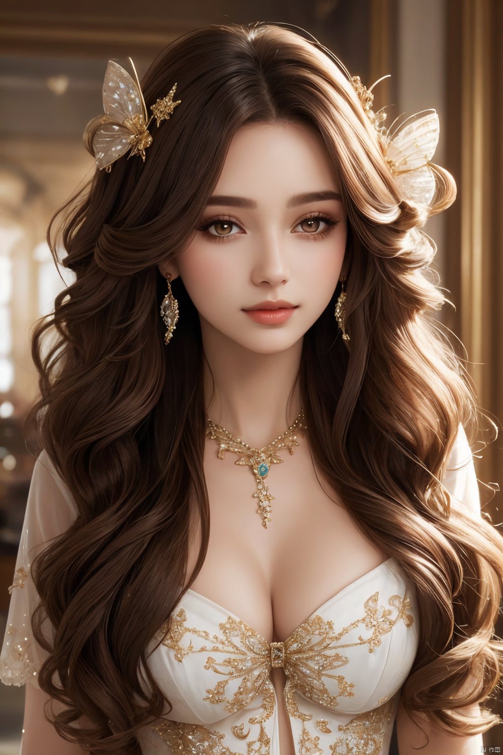  1girl\(long brown curly hair, an extremely luxurious butterfly necklace, make up, ((eyeshadow))\),BREAK, diamond necklace with butterfly symbol\(luxurious, sparkling, ultra detailed\), close up, abstract background, cinematic, CGArt Butterfly, one colorful butterfly