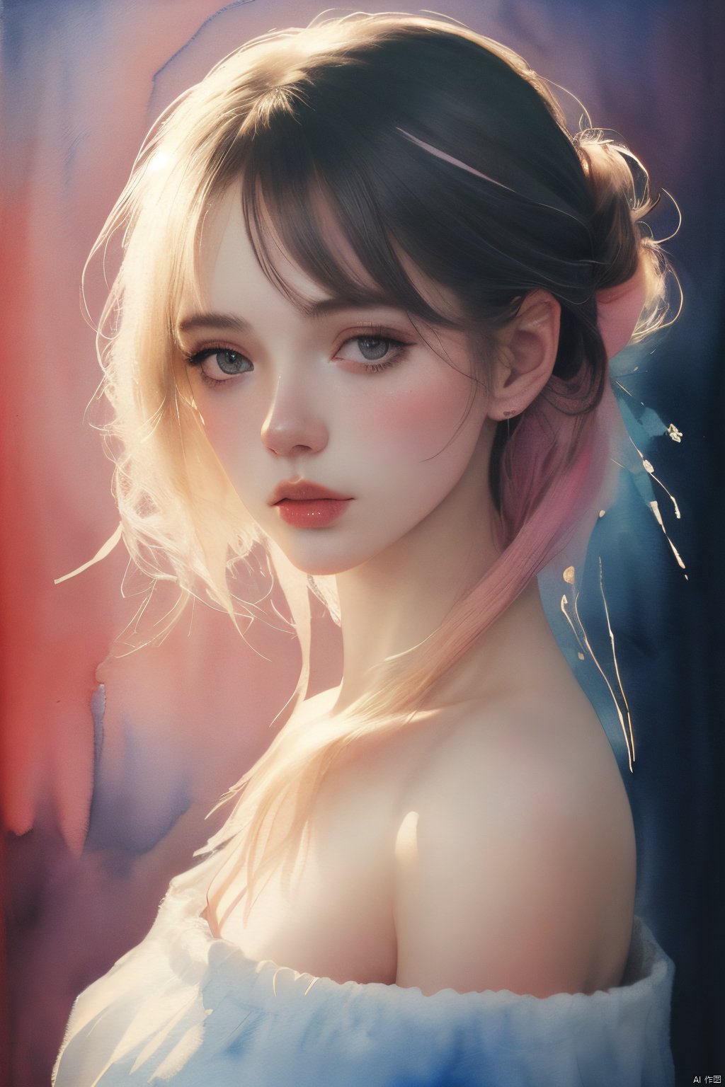  (8k, best quality, masterpiece:1.2),(best quality:1.0), (ultra highres:1.0), watercolor, a beautiful woman, shoulder, hair ribbons, by agnes cecile, half body portrait, extremely luminous bright design, pastel colors, (ink:1.3), autumn lights, (watercolor:1.3)