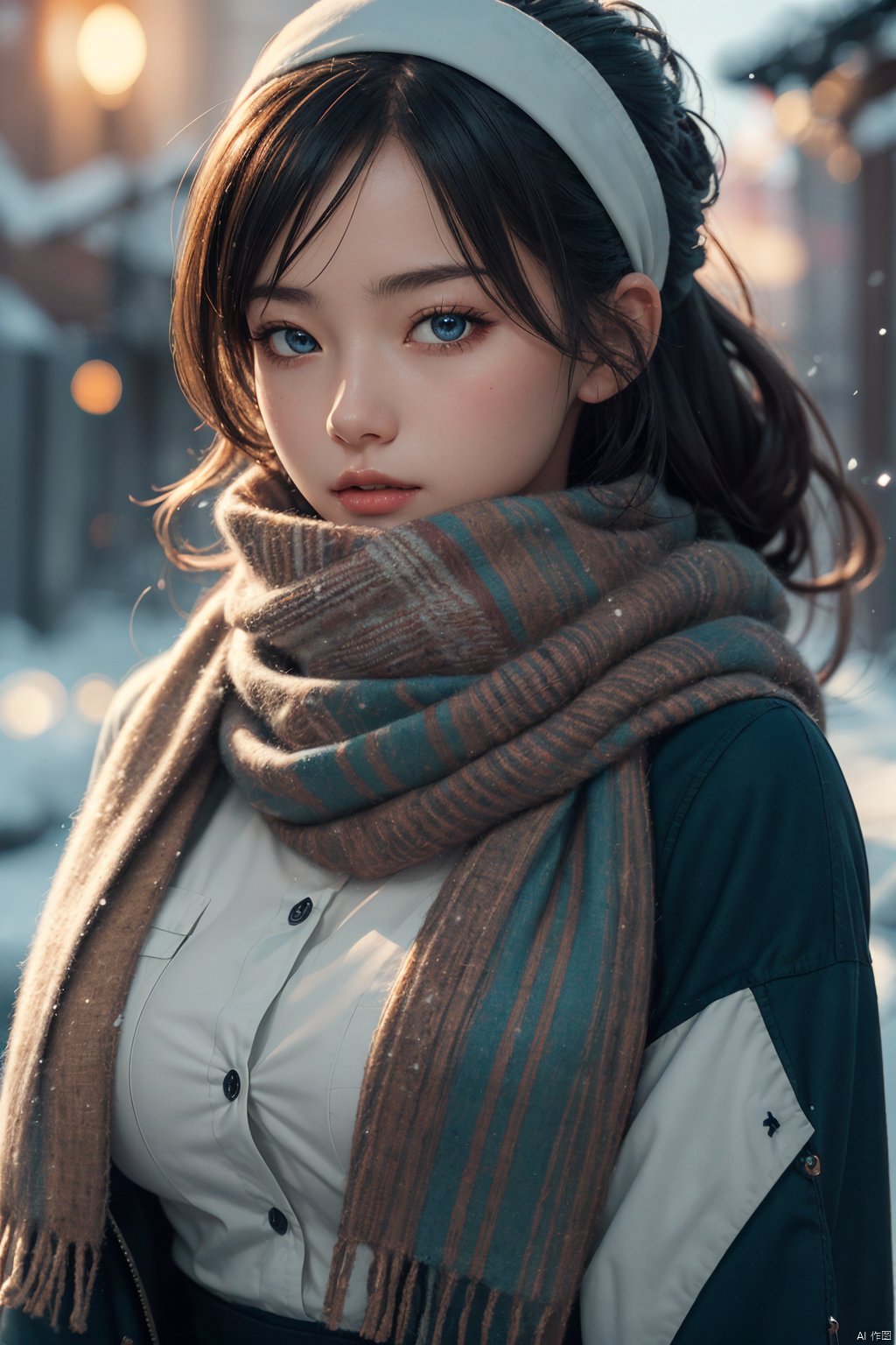  masterpiece,best quality,official art,extremely detailed CG unity 8k wallpaper,big breasts, 1girl, upper body, face close up,scarf, maid, snow shelter,exposure blend, medium shot, bokeh, (hdr:1.4), high contrast, (cinematic, teal and orange:0.85), (muted colors, dim colors, soothing tones:1.3),