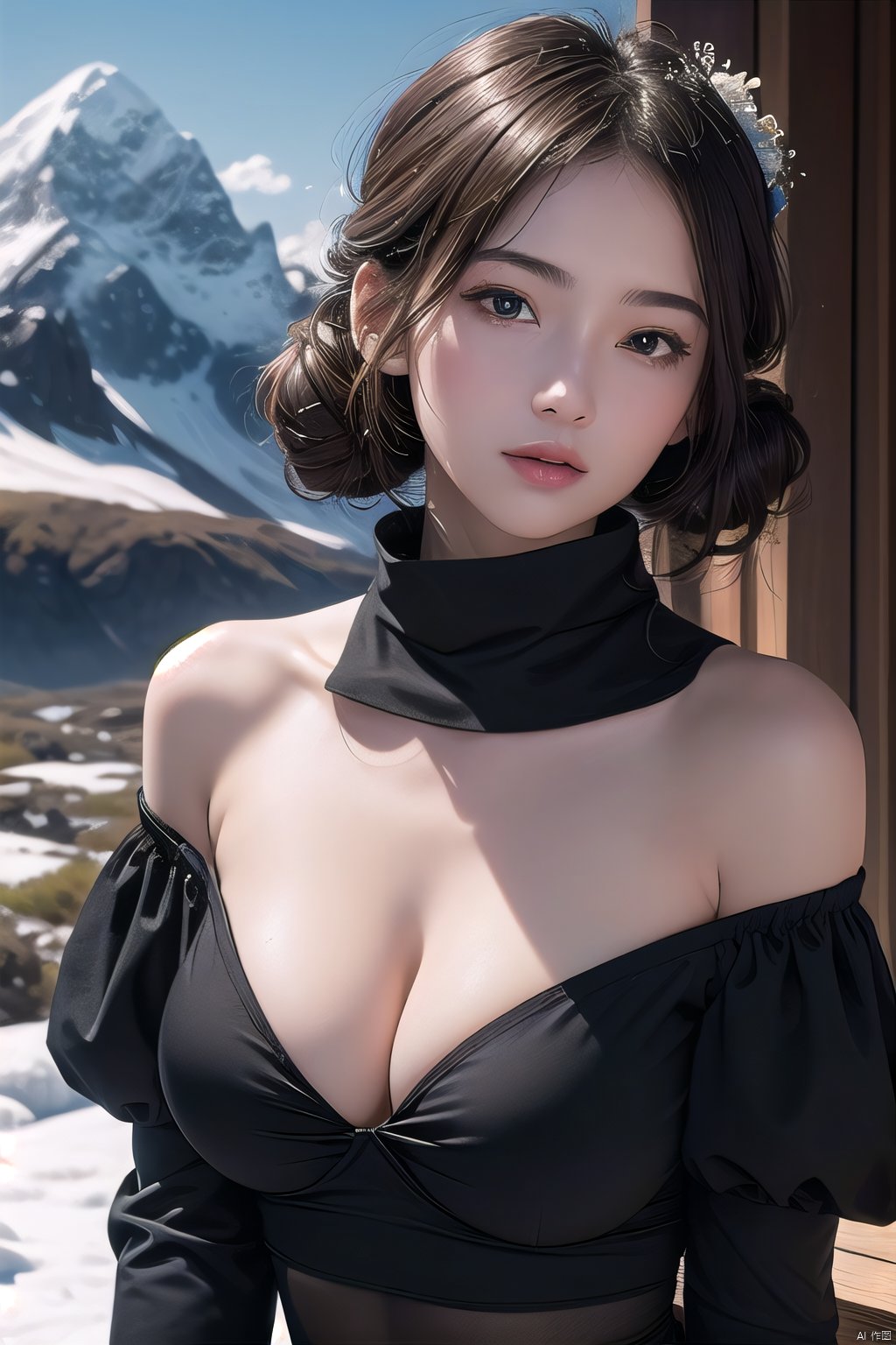  Best quality, ultra-high resolution, (photo realism: 1.4), 1 girl, black off shoulder shirt, enticing posture, separated sleeves, snowy mountain background, cleavage, plump, choked, huge breasts, messy bun, looking at the audience, soft lighting

