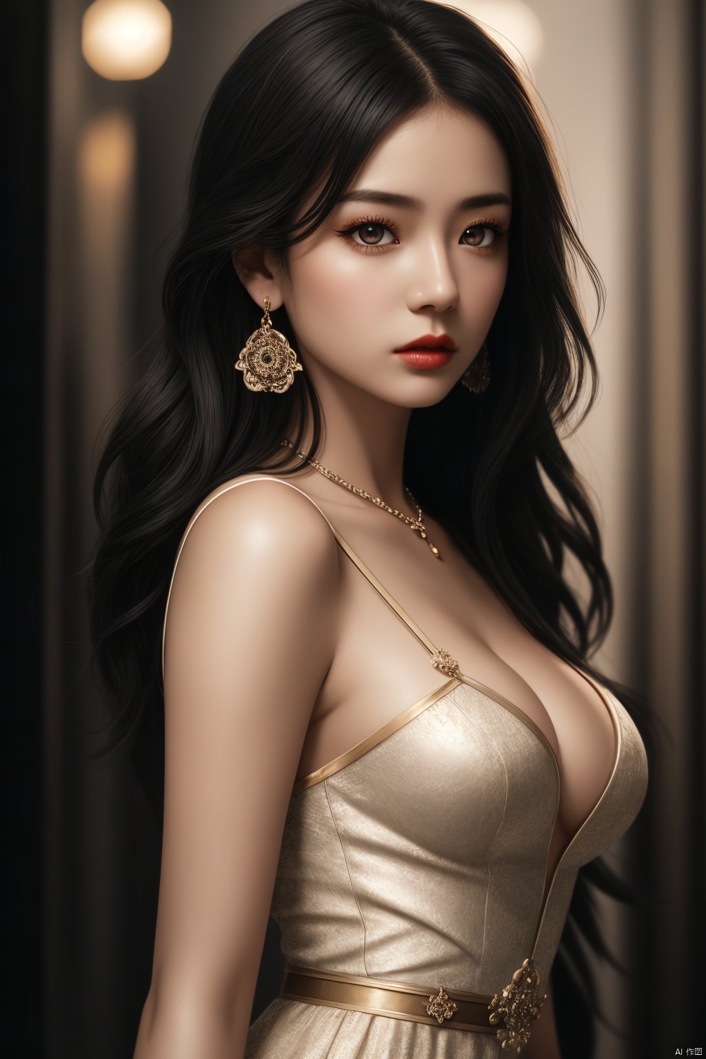  1girl, black_hair, breasts, brown_eyes, chinese_clothes, cleavage, dress, hair_ornament, jewelry, letterboxed, lips, long_hair, makeup, medium_breasts, solo, upper_body, white_dress,earrings,facial_mark,ultra realistic,8k,cg,movie light effect,(masterpiece:1.3),(surreal style:1.3),best quality,Depth of field,extremely detailed wallpaper,Ultra HD,incredibly absurdres,best quality,