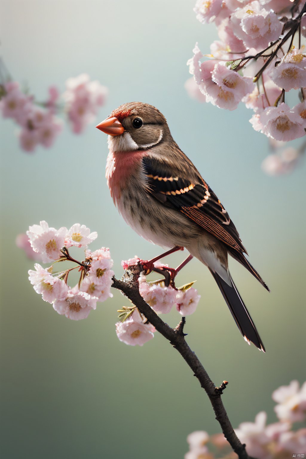  a tiny finch on a branch with spring flowers on background:1.0, aesthetically inspired by Evelyn De Morgan, art by Bill Sienkiewicz and Dr. Seuss, ray tracing, volumetric lighting, octane render