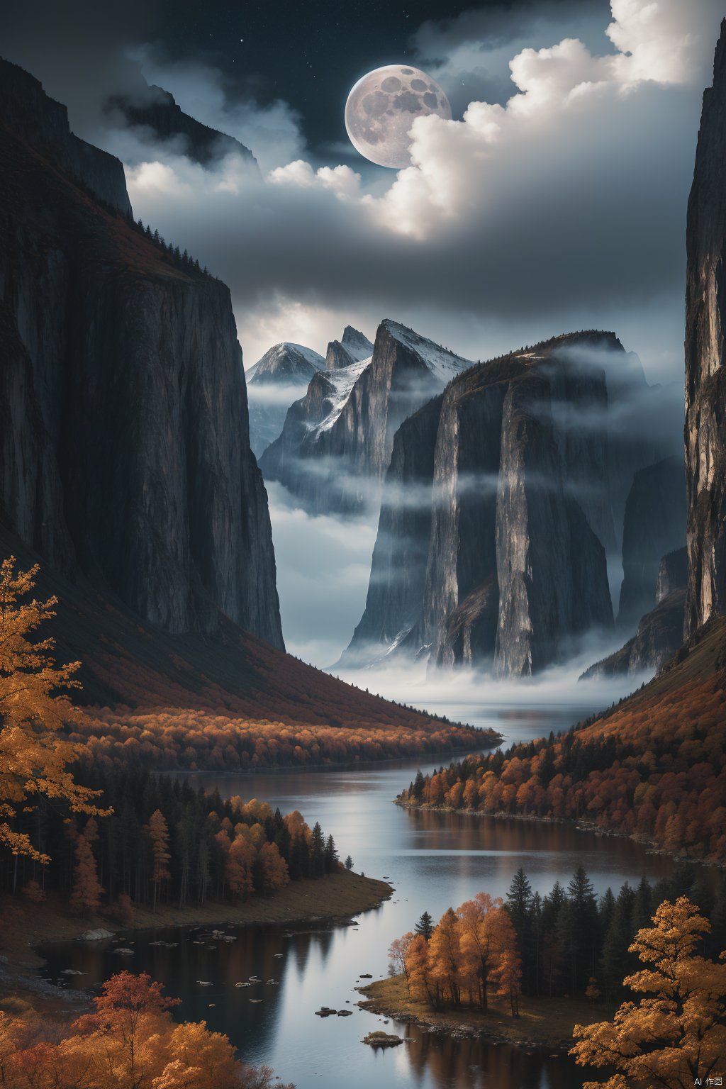 photo RAW,(autumn,mountains and a storm lake with a moon in the sky, old wooden slab home, 4k highly detailed digital art, 4 k hd wallpaper very detailed, impressive fantasy landscape, sci-fi fantasy desktop wallpaper, 4k wallpaper, 4k detailed hdr photography, sci-fi fantasy wallpaper, epic dreamlike fantasy landscape, 4k hd matte, 8k,Realistic, realism, hd, 35mm photograph, 8k), masterpiece, award winning photography, natural light, perfect composition, high detail, hyper realistic, (composition centering, conceptual photography), realistic, detailed, balanced, by Trey Ratcliff, Klaus Herrmann, Serge Ramelli, Jimmy McIntyre, Elia Locardi