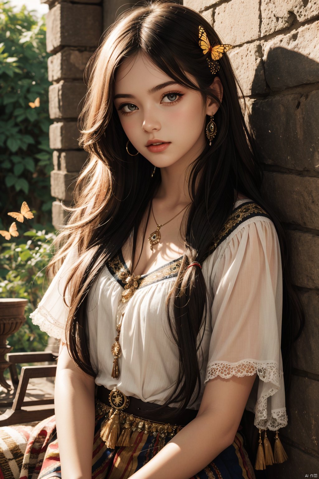  masterpiece, best quality,ultra-detailed,ultra high res, by cgart_firefly, 1girl\(portrait, bohemian style, flowing dresses, layered clothing, earthy colors, fringe accessories, ethnic prints, natural fabrics\), (butterfly),BREAK,artistic designs, cinematic